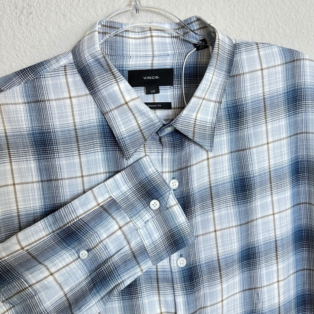 Vince Mens Classic Fit Blue Plaid Cotton Rayon Long Sleeve Button Down Shirt L